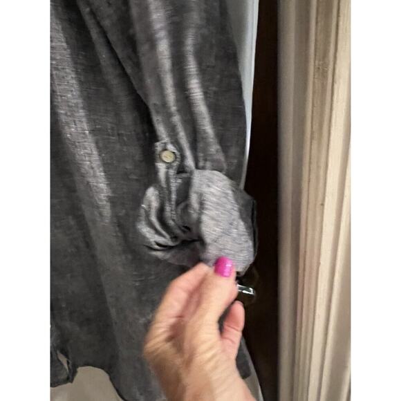 Tahari Blue Drop Waist Linen Button Down Tunic Top Sz L Side Slits - Picture 4 of 7